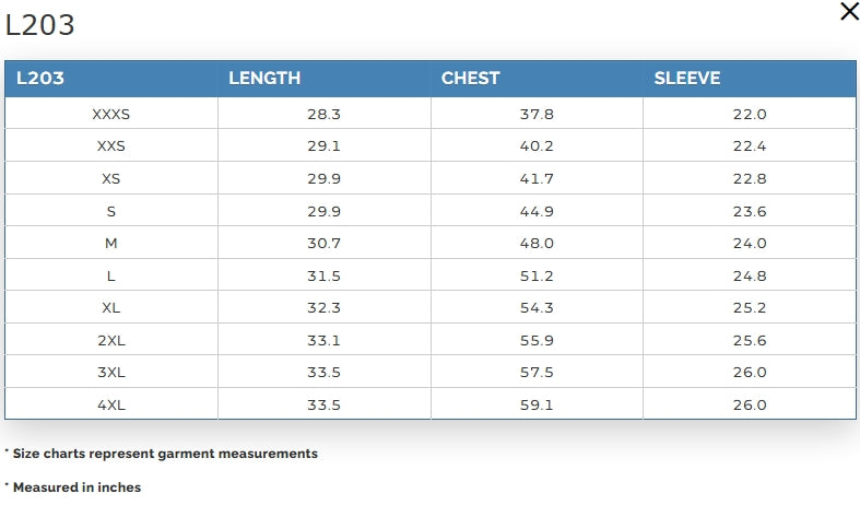 Measurement chart for clothing with dimensions in inches